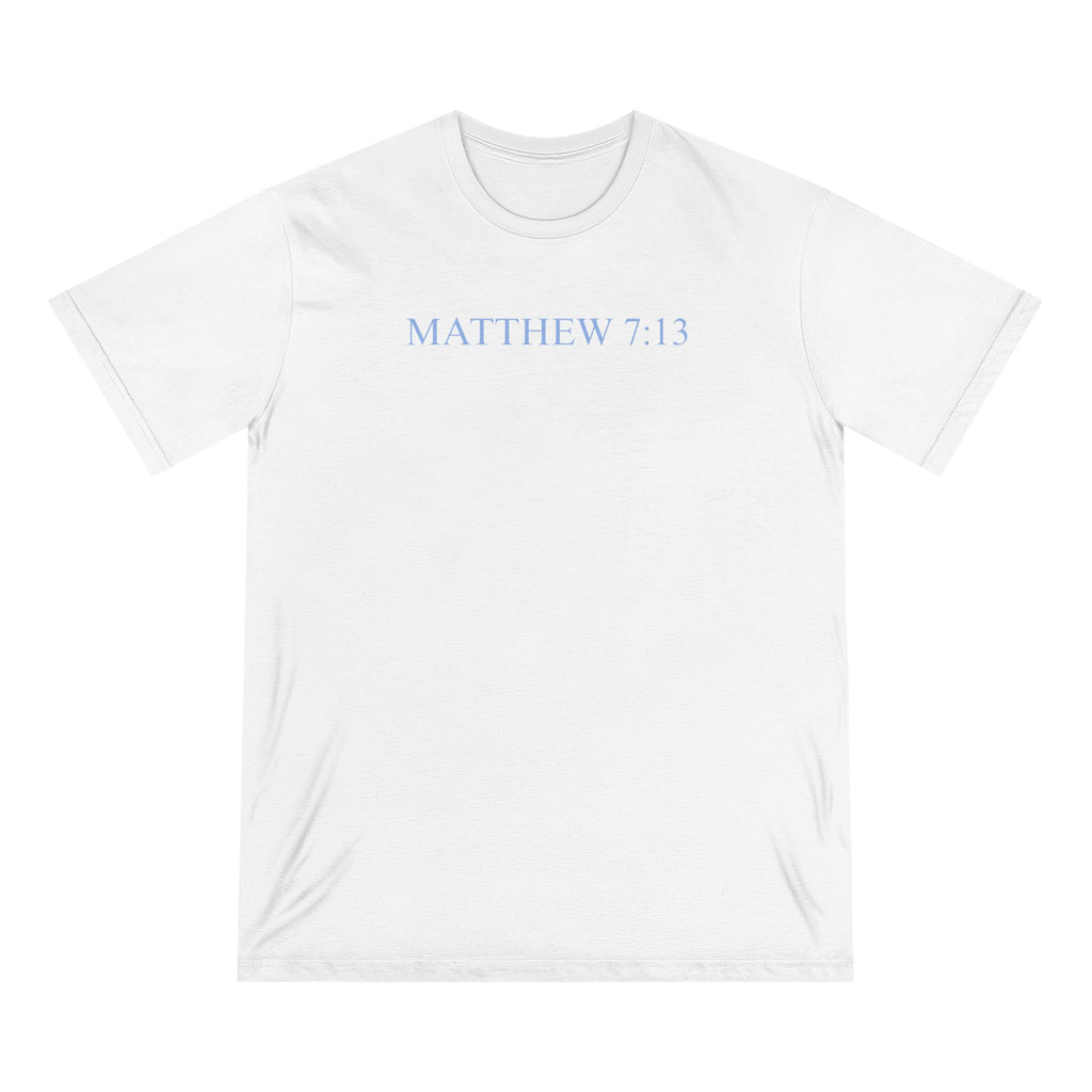 Matthew 7:13 Organic Cotton Christian T-Shirt — Scripture Graphic Tee with Pastel Landscape