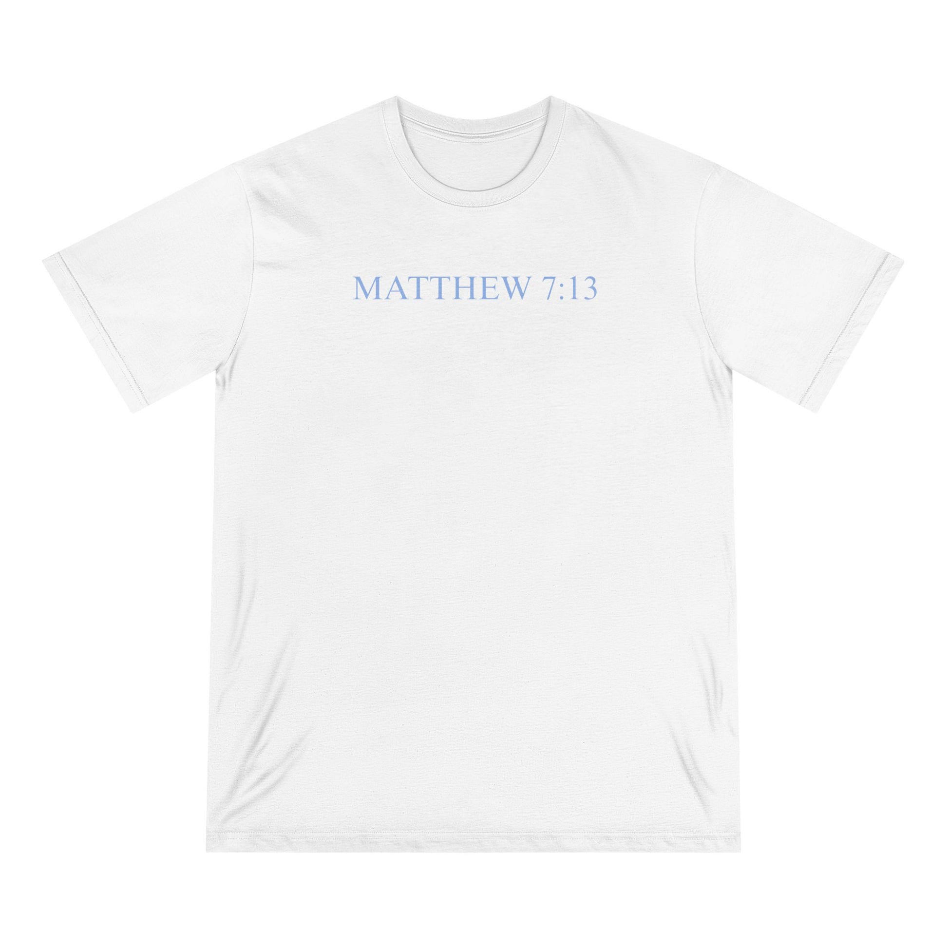 Matthew 7:13 Organic Cotton Christian T-Shirt — Scripture Graphic Tee with Pastel Landscape