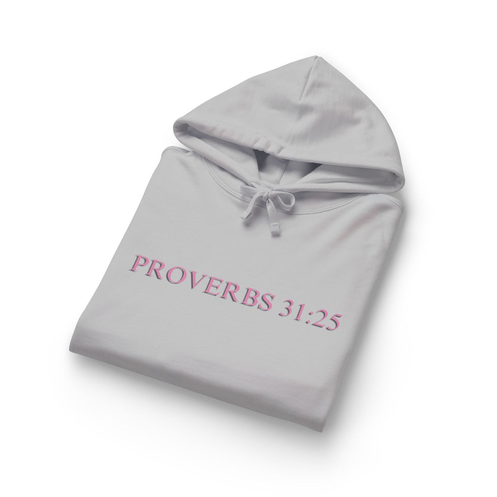 Proverbs 31:25 Cotton Hoodie — Pink Cloud Scripture Fleece