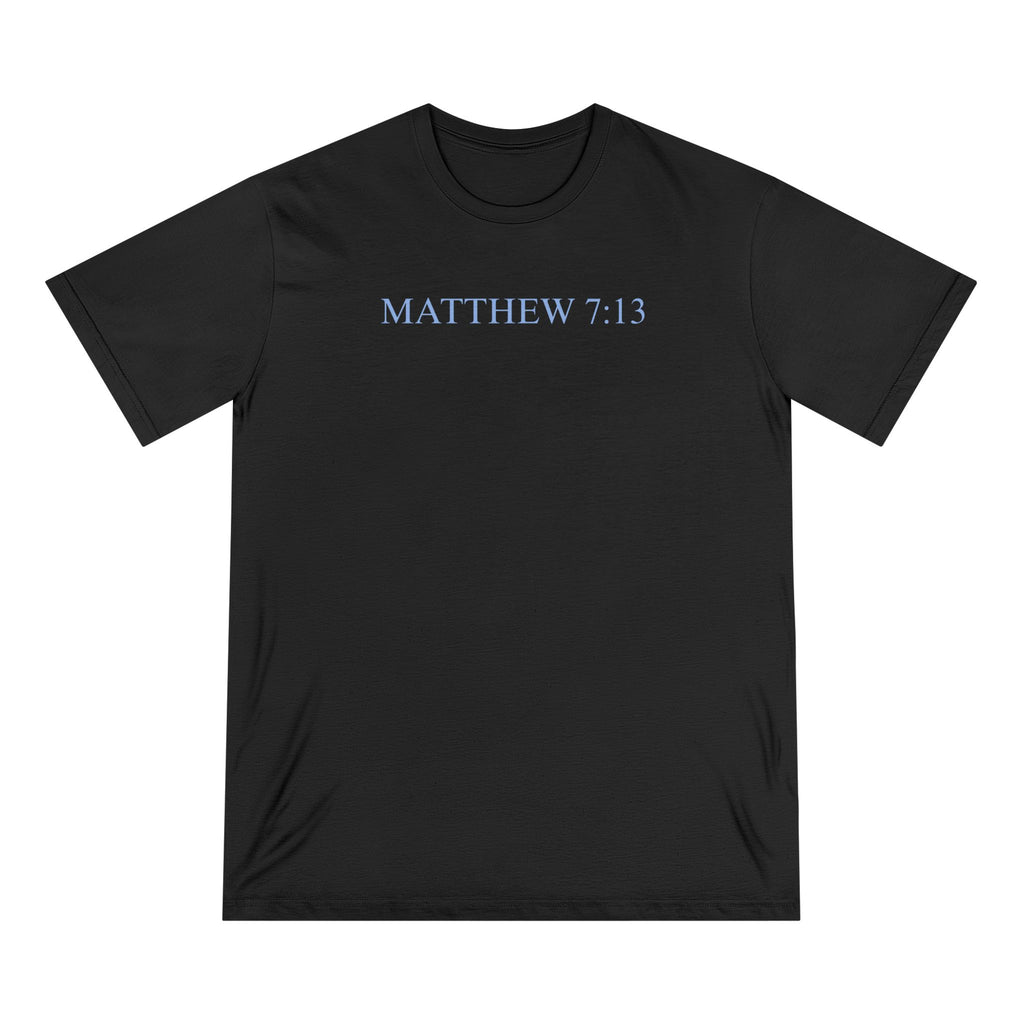 Matthew 7:13 Organic Cotton Christian T-Shirt — Scripture Graphic Tee with Pastel Landscape