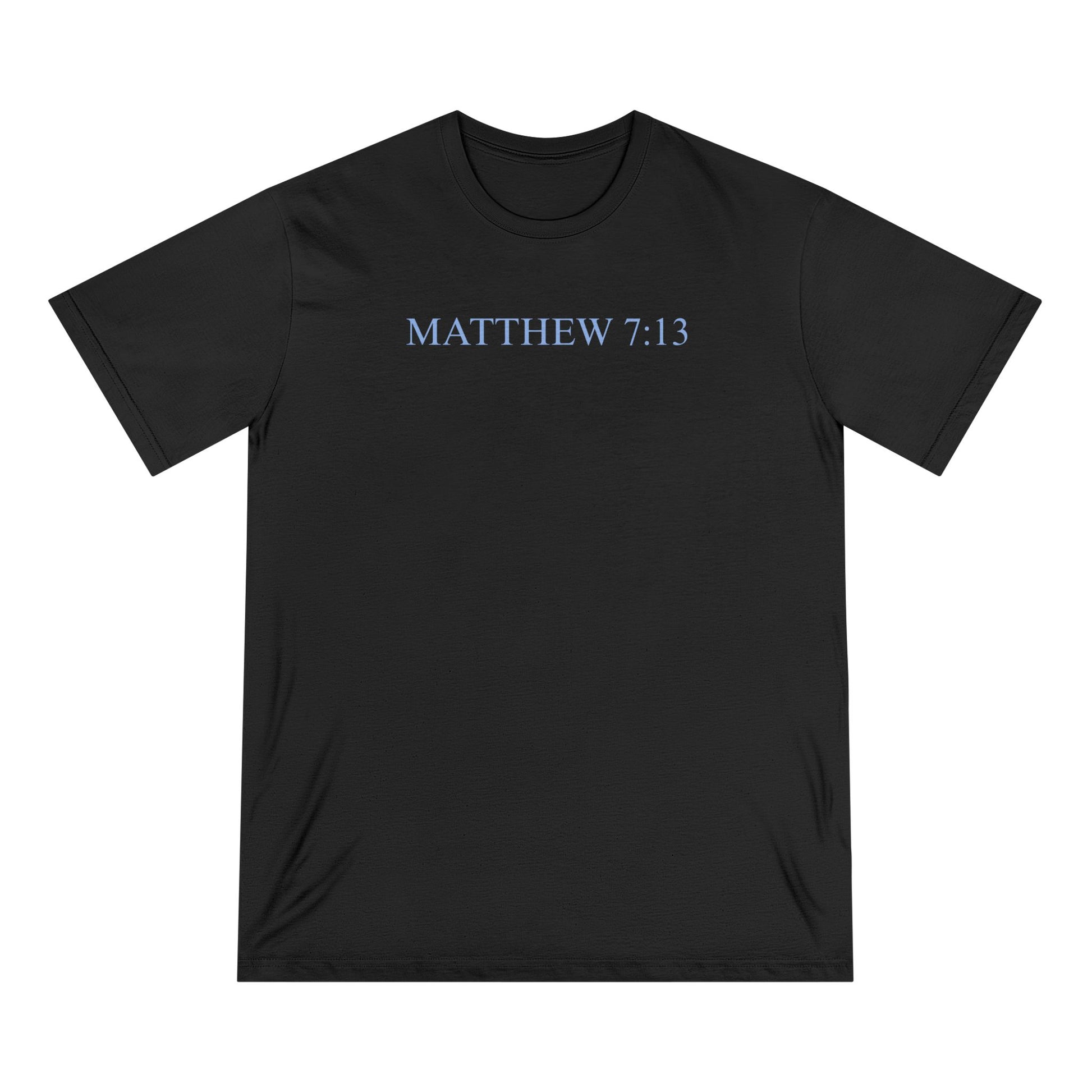 Matthew 7:13 Organic Cotton Christian T-Shirt — Scripture Graphic Tee with Pastel Landscape