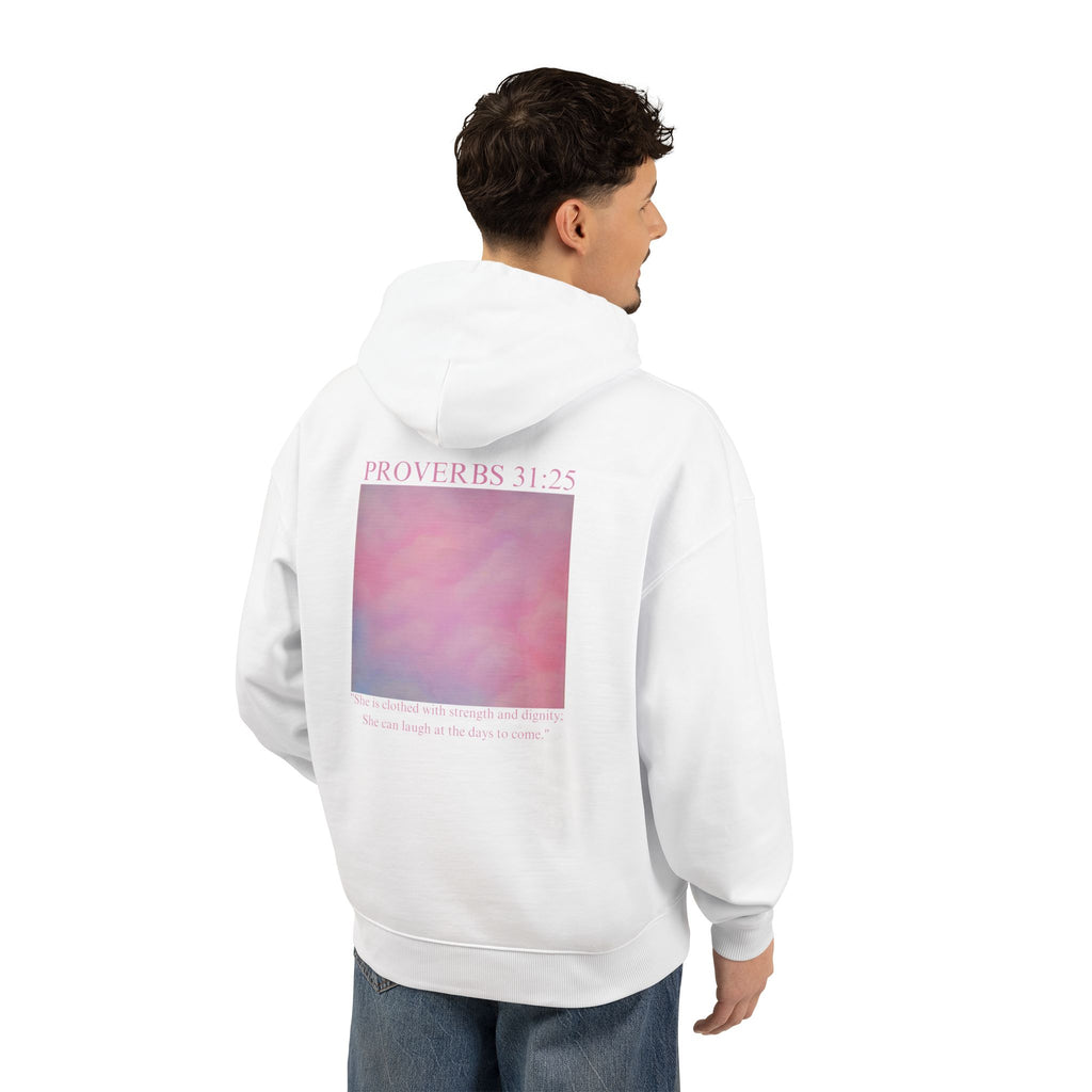 Proverbs 31:25 Cotton Hoodie — Pink Cloud Scripture Fleece