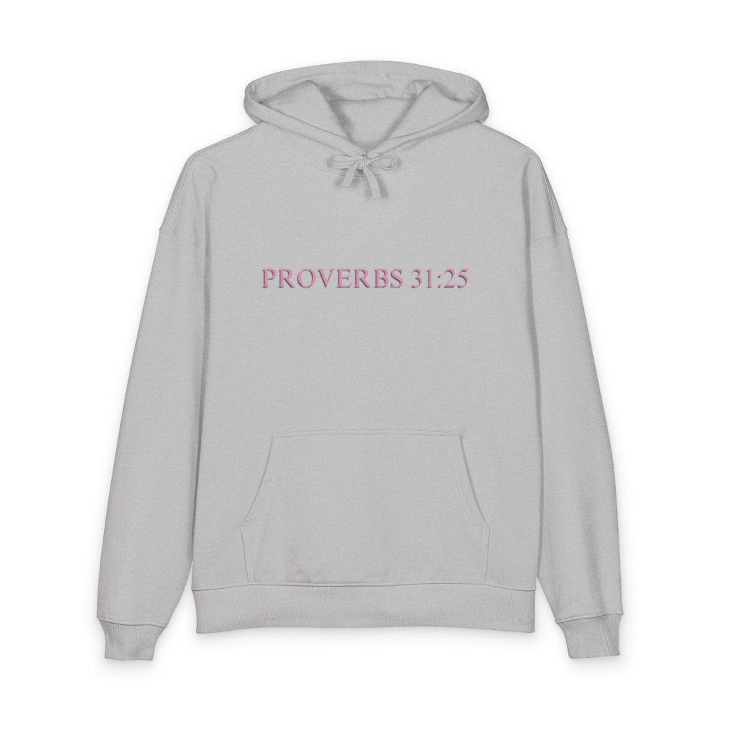 Proverbs 31:25 Cotton Hoodie — Pink Cloud Scripture Fleece