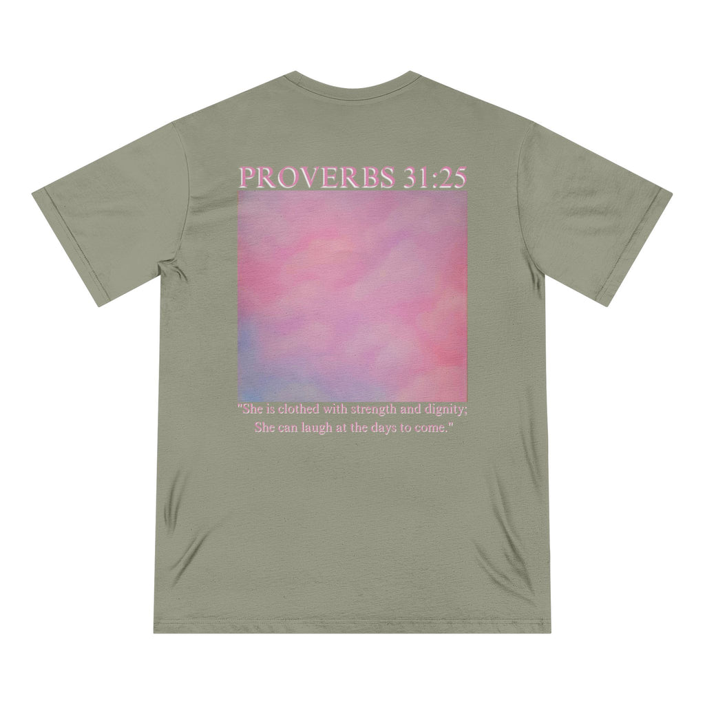 Proverbs 31:25 Organic T-Shirt — Pink Cloud Bible Verse Tee