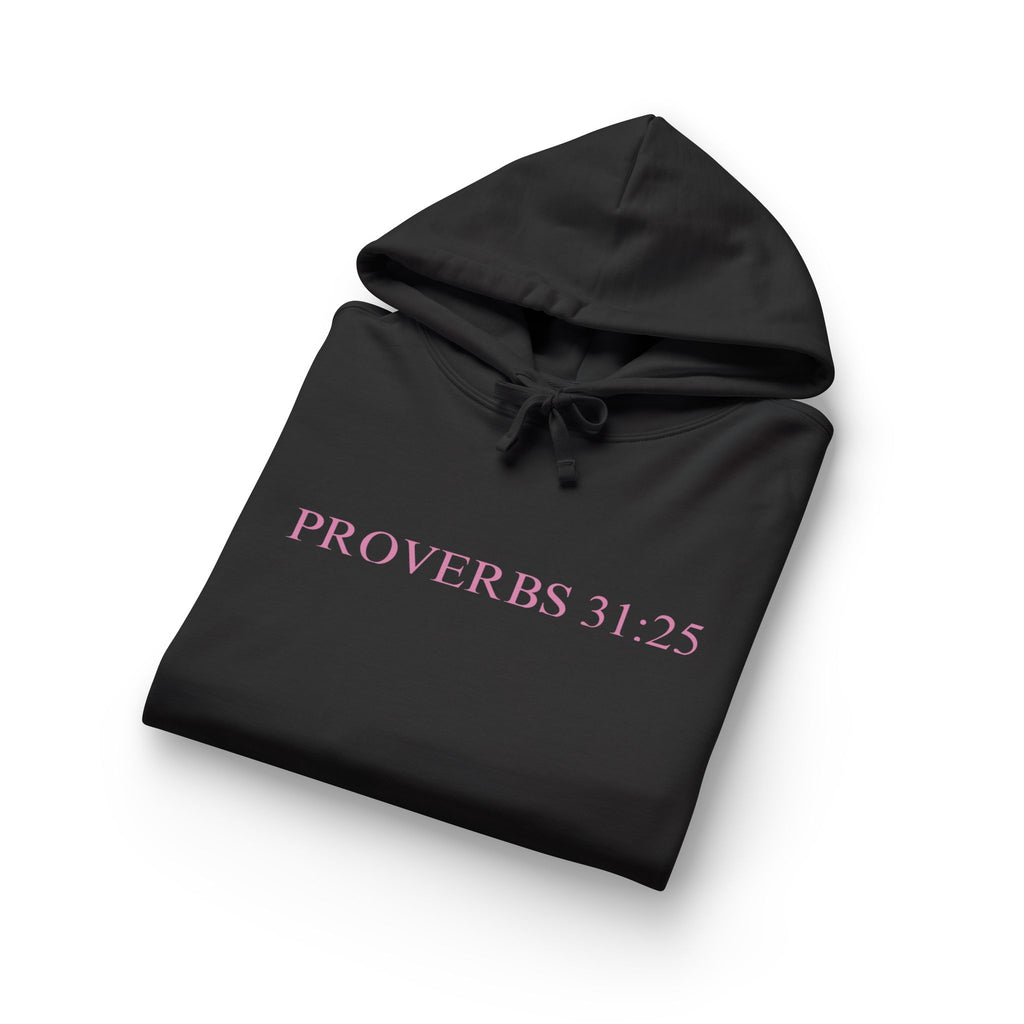 Proverbs 31:25 Cotton Hoodie — Pink Cloud Scripture Fleece