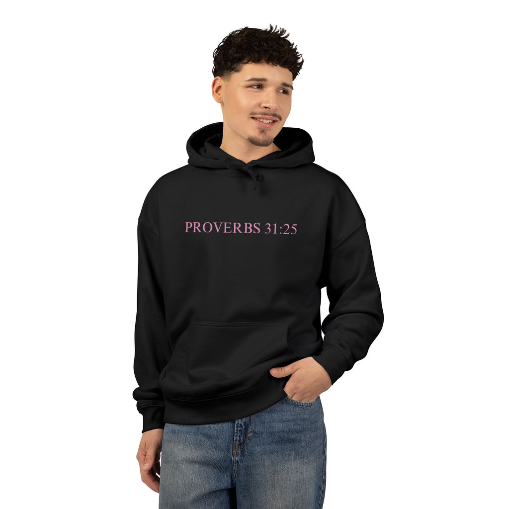 Proverbs 31:25 Cotton Hoodie — Pink Cloud Scripture Fleece