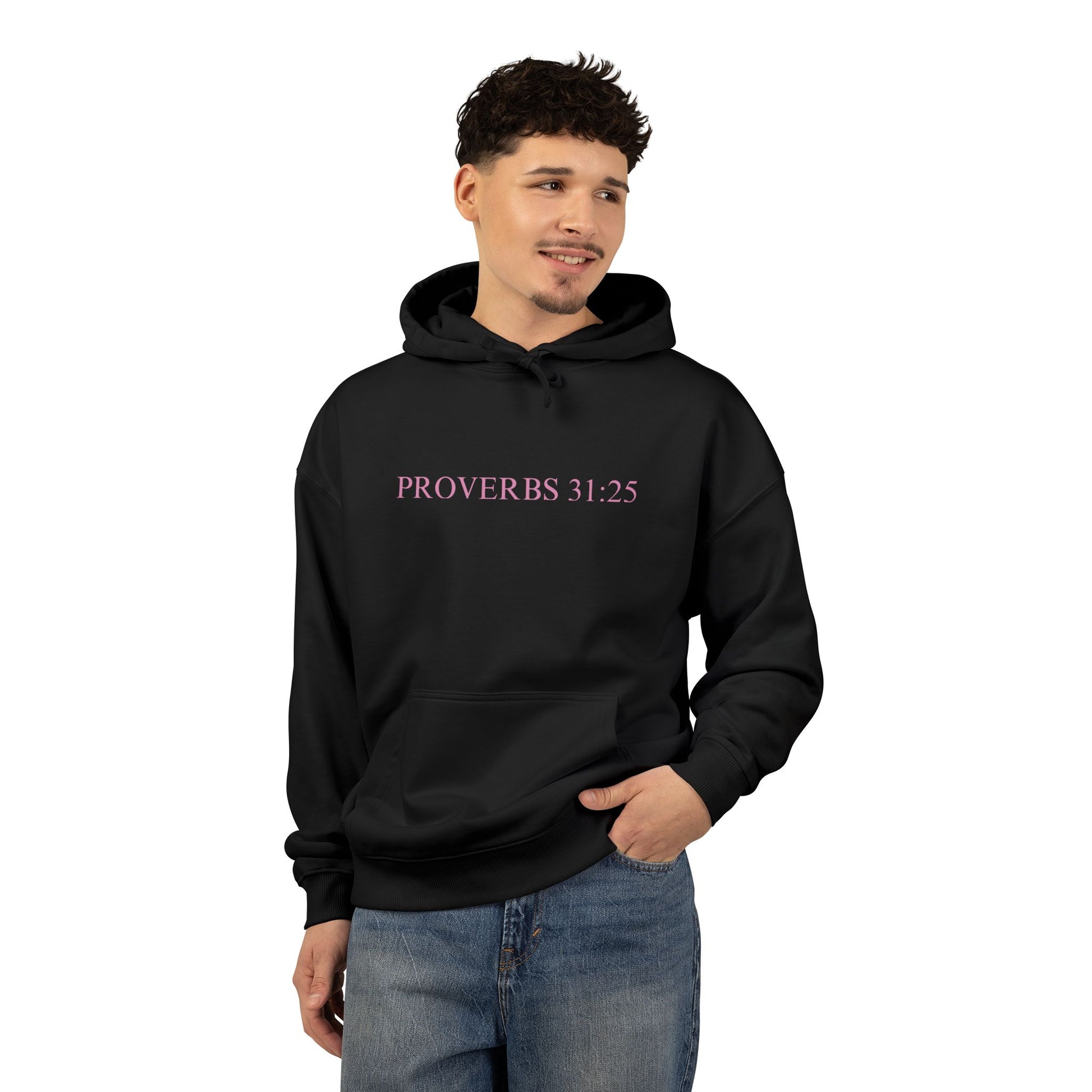 Proverbs 31:25 Cotton Hoodie — Pink Cloud Scripture Fleece