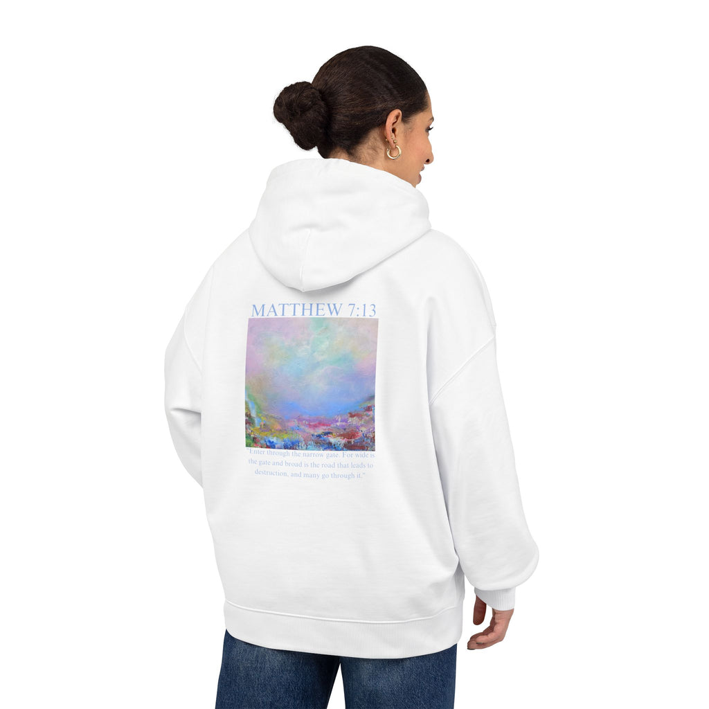 Matthew 7:13 Organic Cotton Hoodie — with Full Verse & Painting